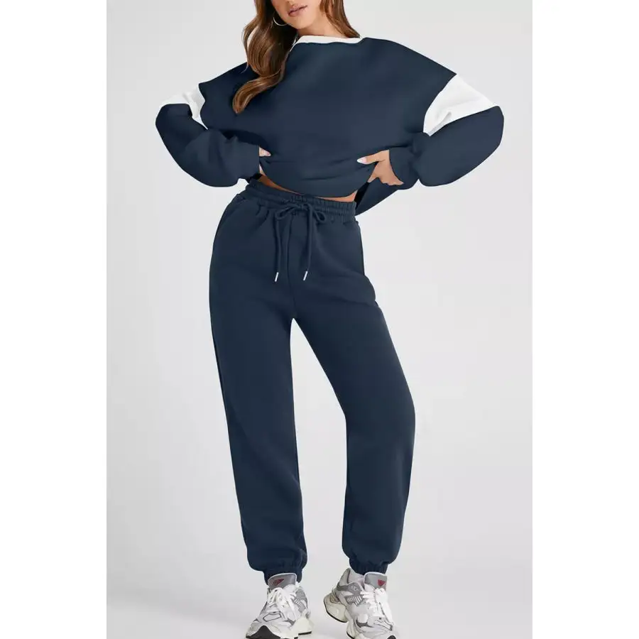 Drop Shoulder Loose Sweatshirt and Joggers Active Set