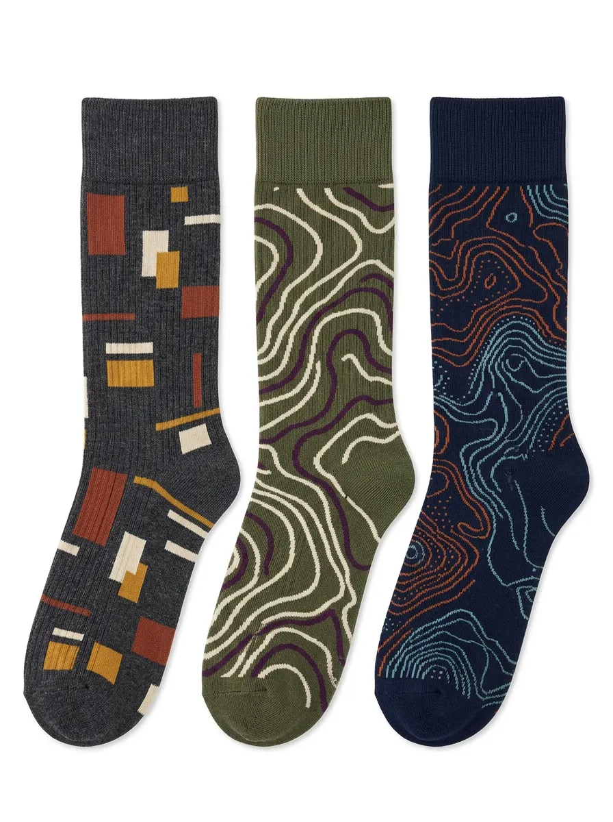 Men's Geometric Abstract Topographic Print Set Pairs Distinct 3-Pack Socks