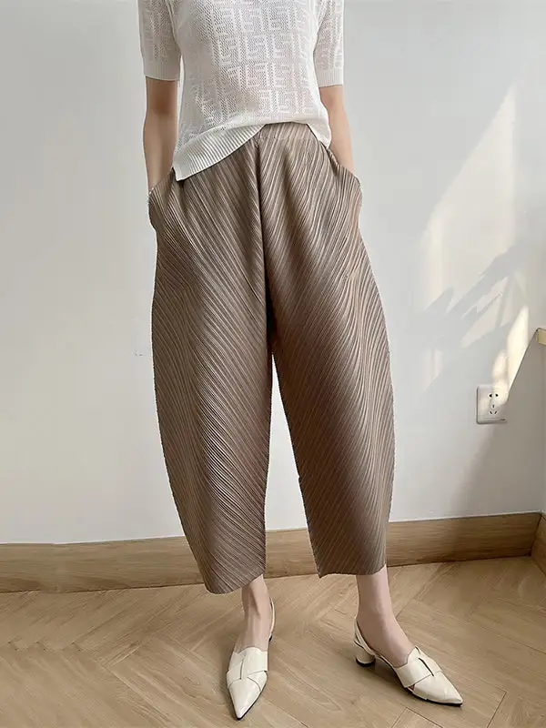Women's High Waist Cropped Pleated Patchwork Pants