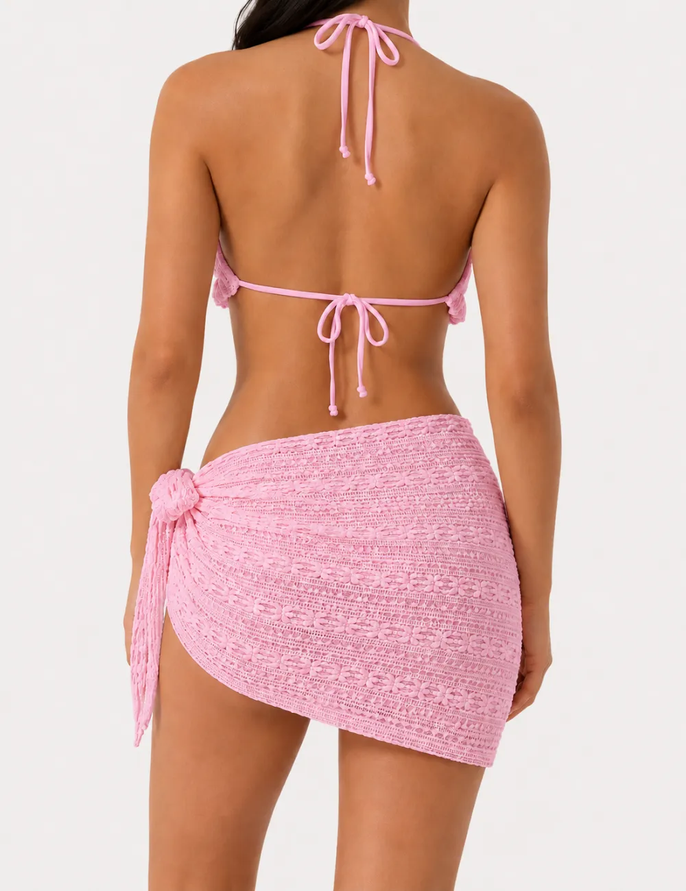 Solid Color Crochet Triangle Bikini Set with Cover Up Skirt