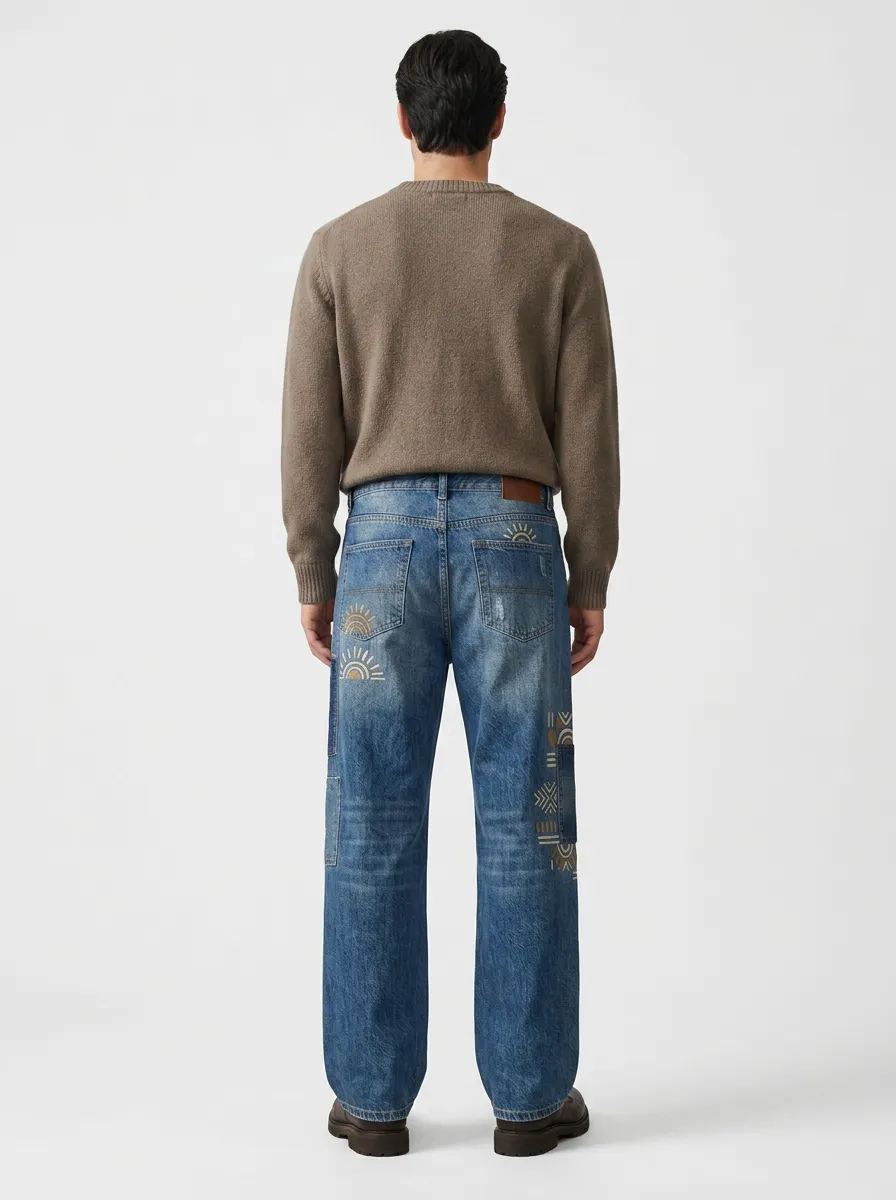 Men's Tribal Boho Patchwork Sun Wide Leg Jeans