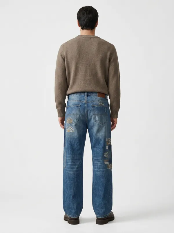 Men's Tribal Boho Patchwork Sun Wide Leg Jeans