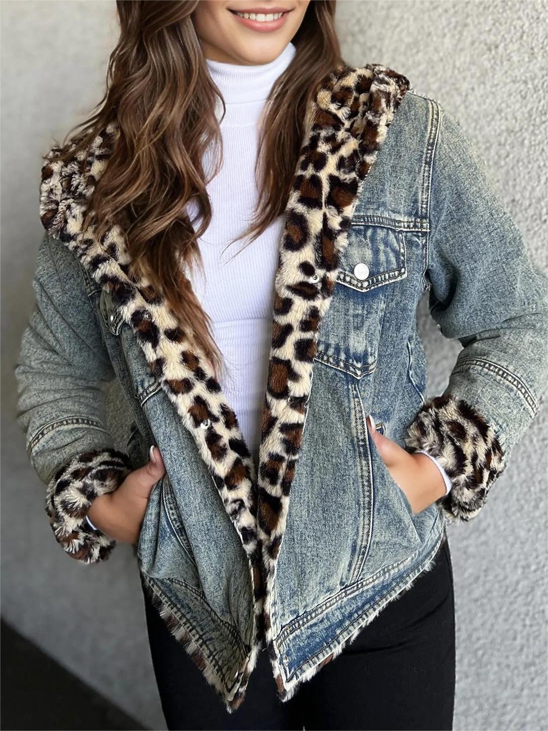 Denim Jacket with Leopard Fur Collar