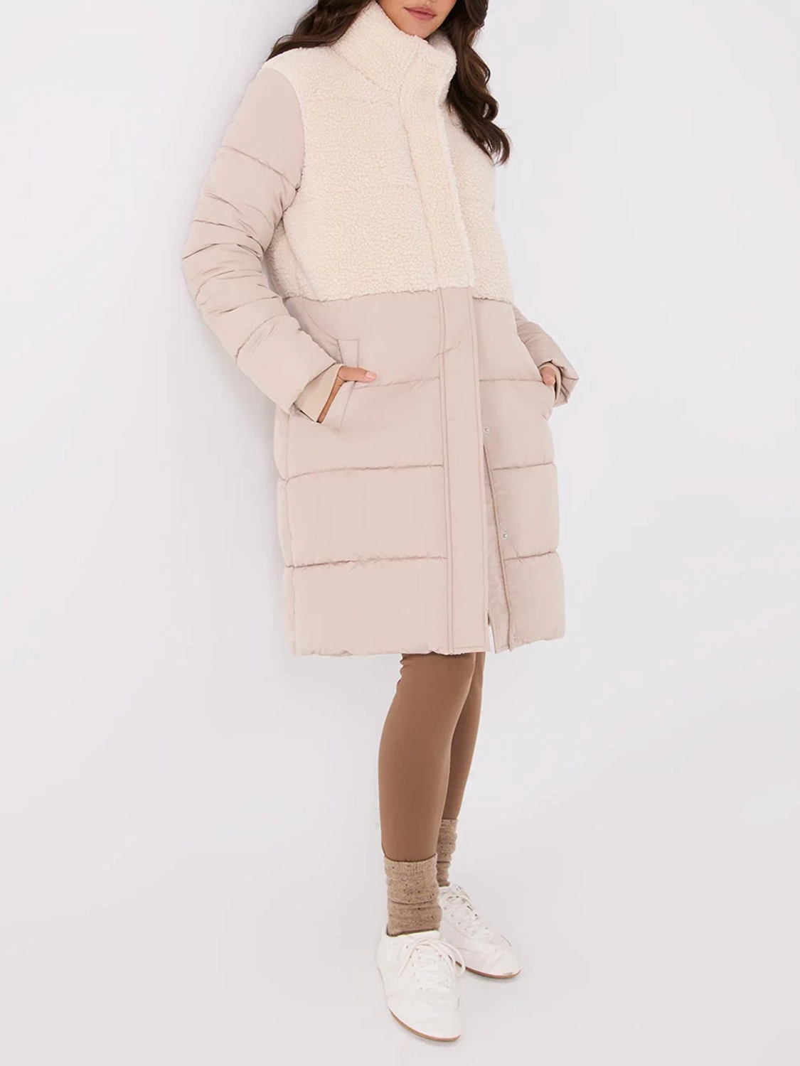 Beige Short Shearling Puffer Jacket