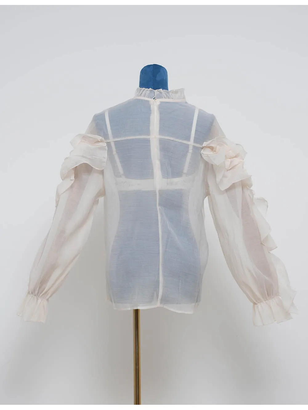 Chic D Irregular Ruffle Sheer Stand Neck Blouse