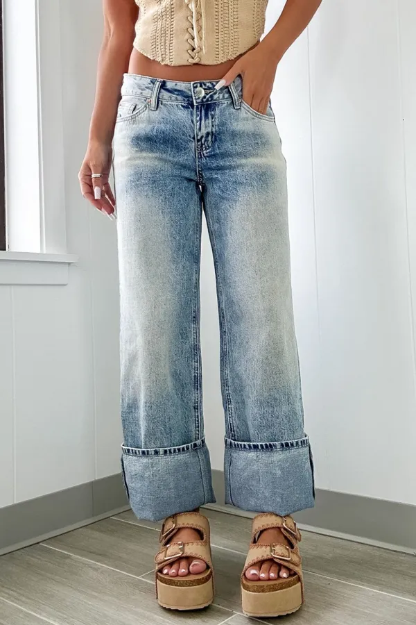 Washed Wide Leg Pocket Denim Jeans