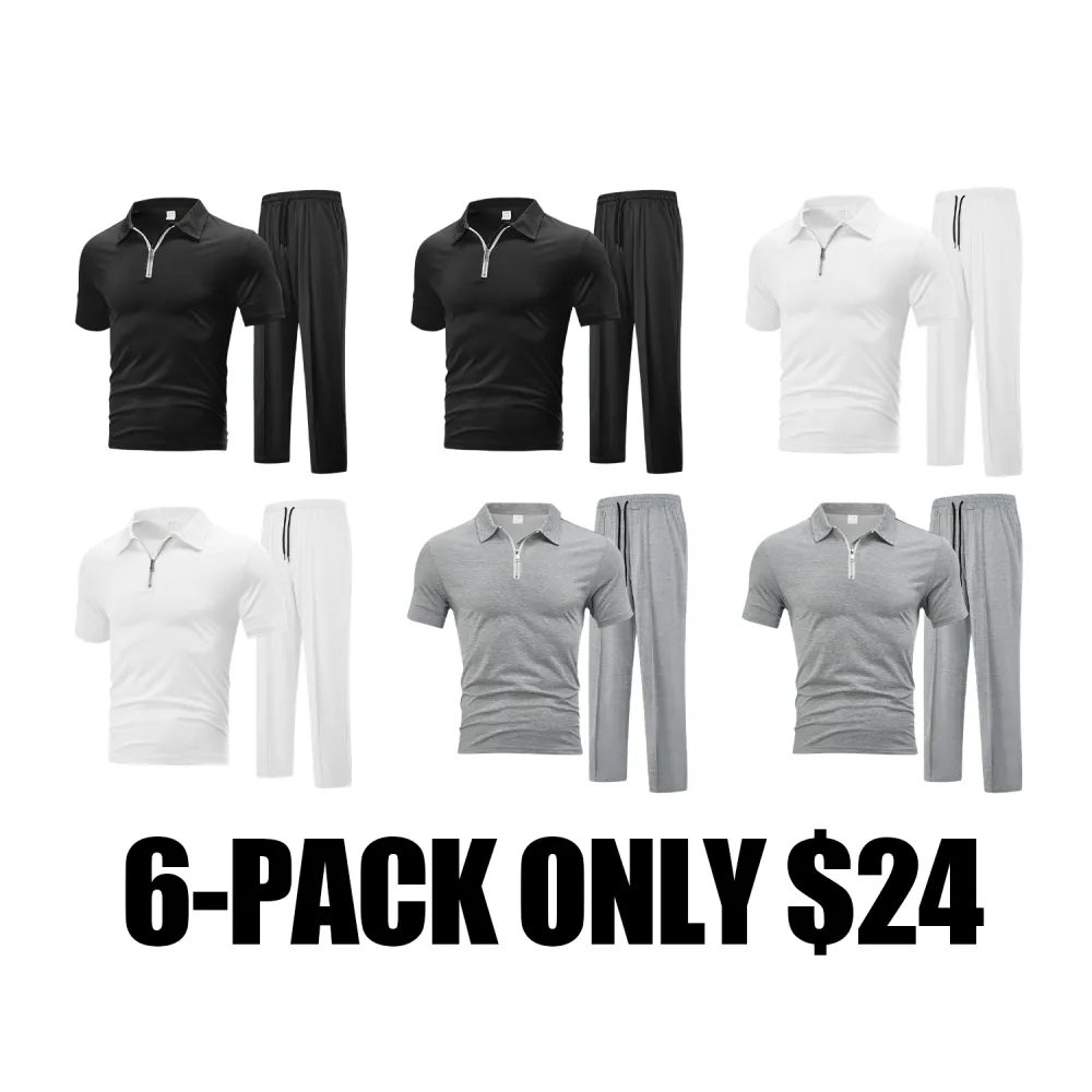 Men's Plain Half Zip Up Shortsleeve Polo Shirt & Drawstring Waist Pants Two-piece Set
