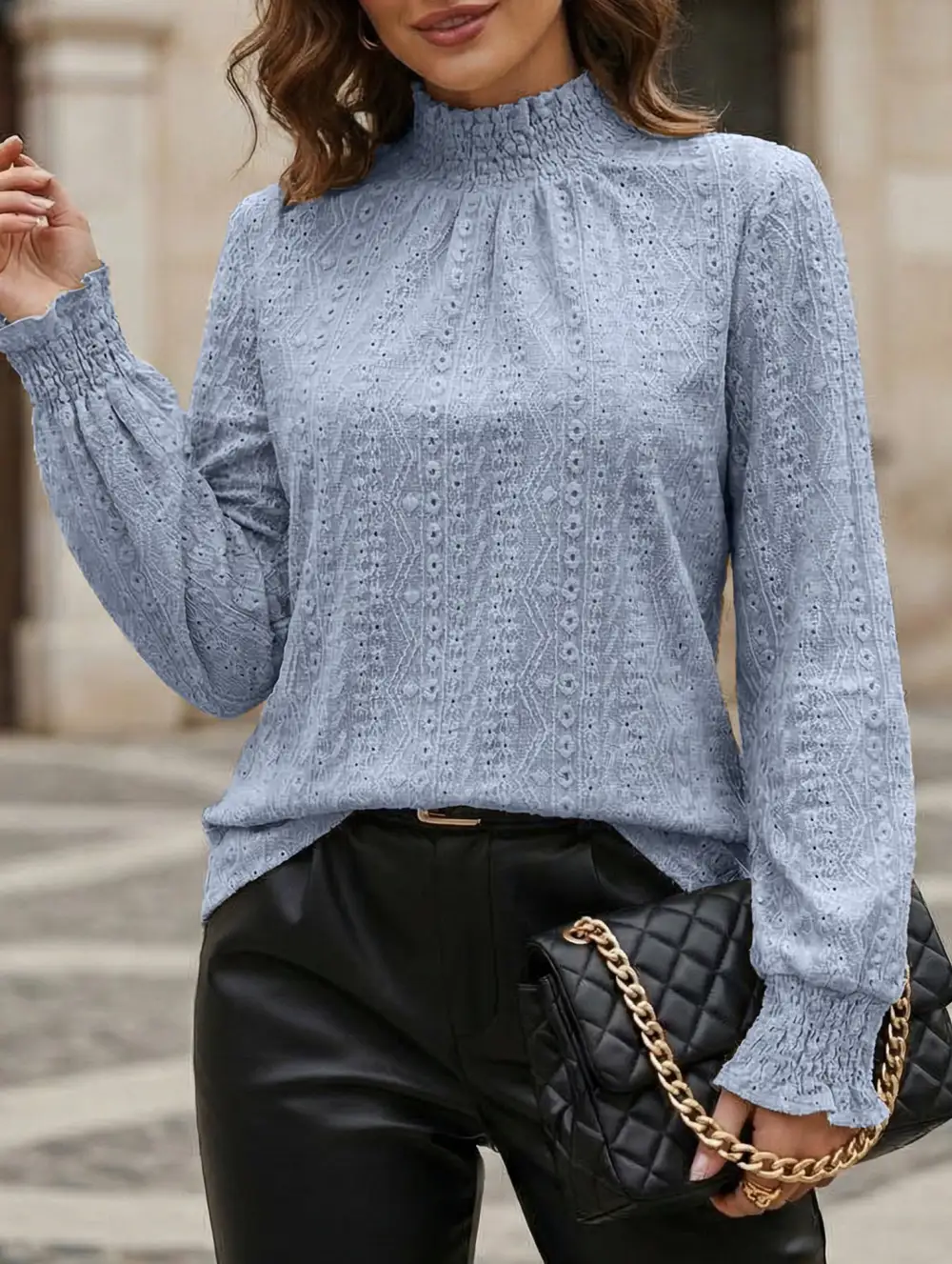 Jacquard Crew Neck Long Sleeve Tee