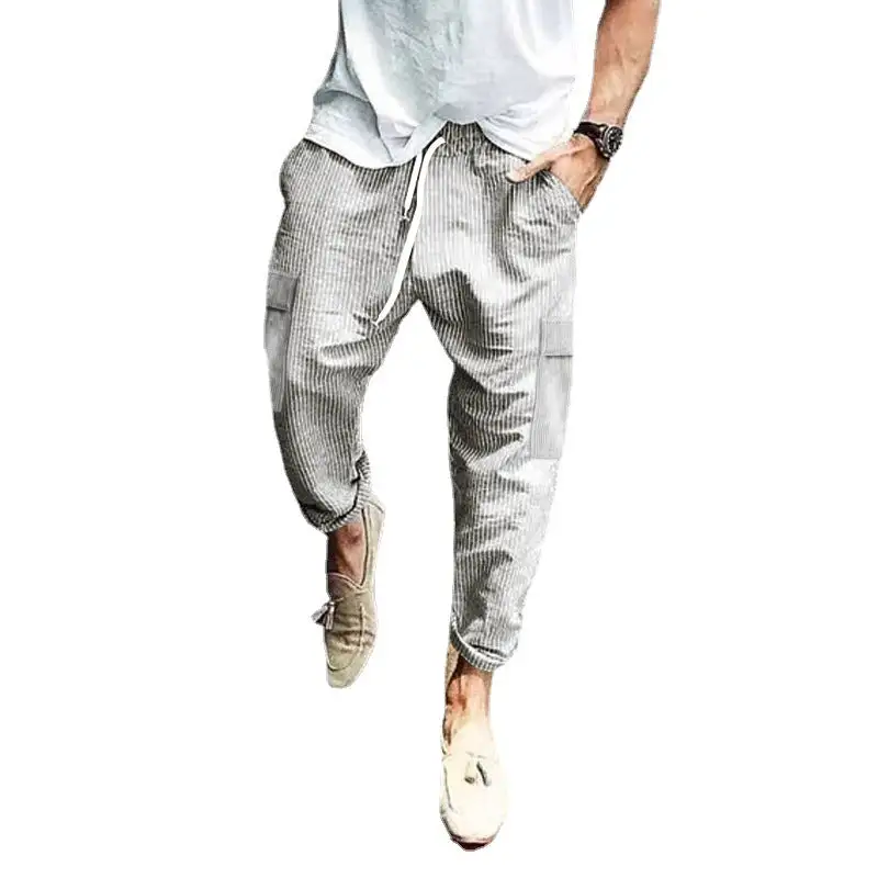 Men's Corduroy Cargo Pants Waistband Pockets Leg Cargo Pants