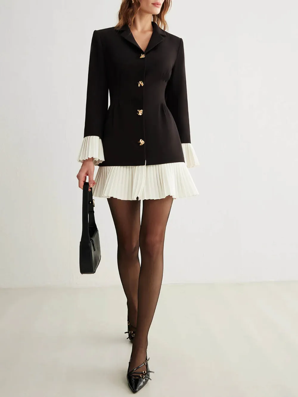 Pleated Detail Metal Button Long Sleeve Dress