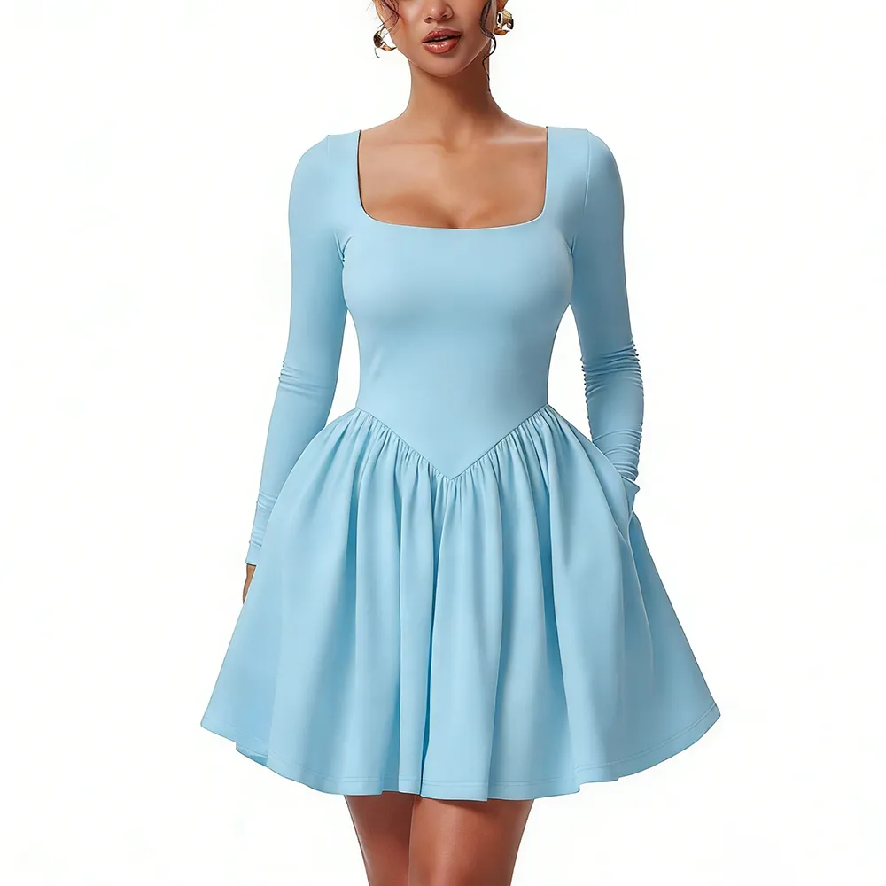 Women'S Square Neck A Line Dress With Pockets