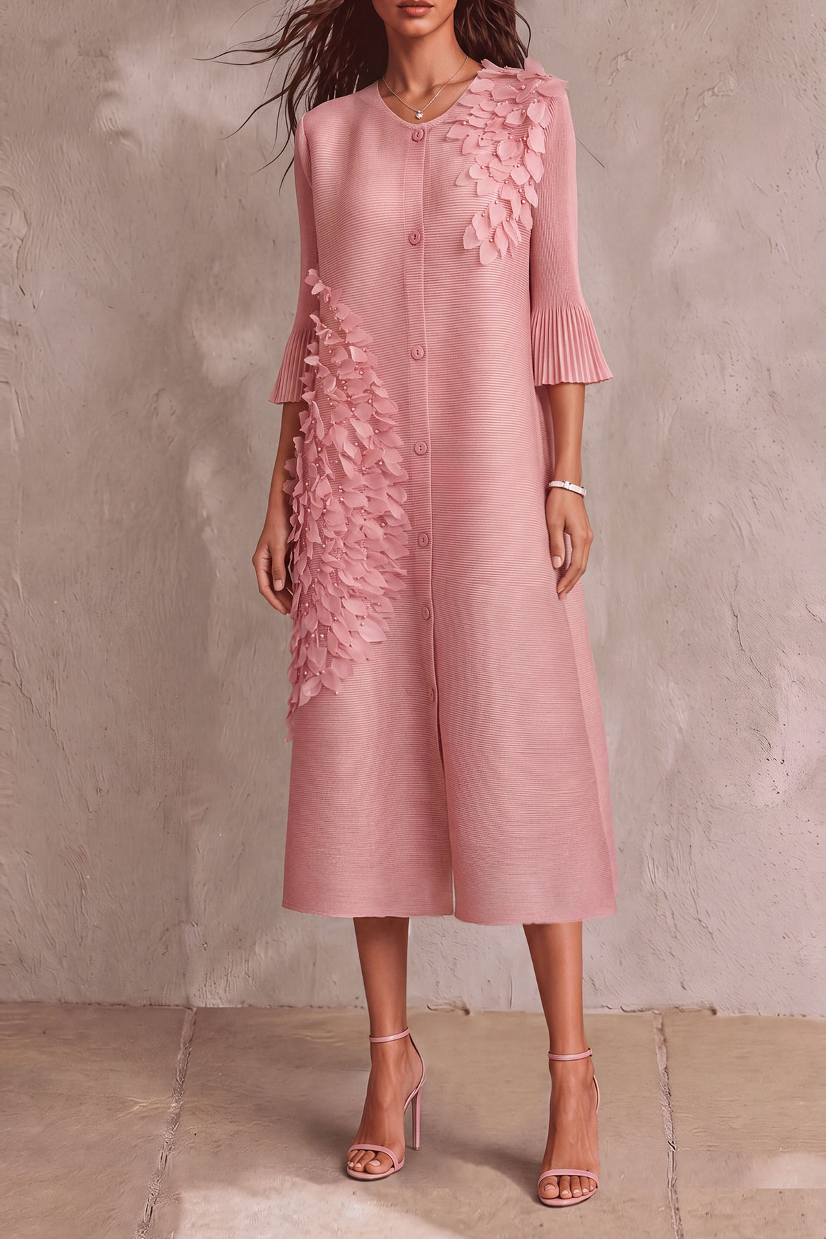 Pleated Button Front Floral Midi Dress
