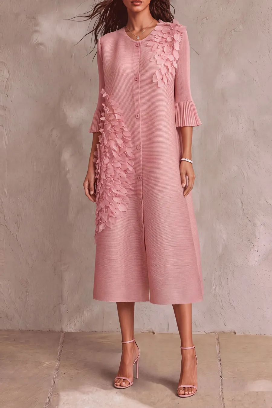 Pleated Button Front Floral Midi Dress