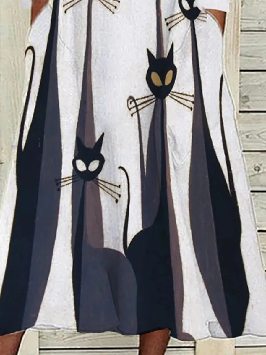 Round Neck Casual Loose Cat Print Long Sleeve Midi Dress