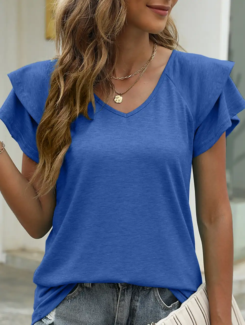 Solid Color V-Neck Ruffle Sleeve T-Shirt