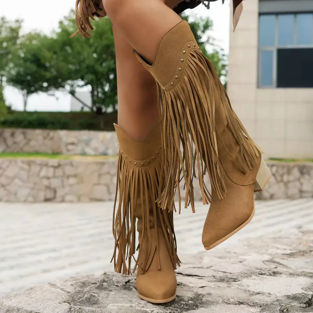 Fringe Point Toe Block Heels Boots