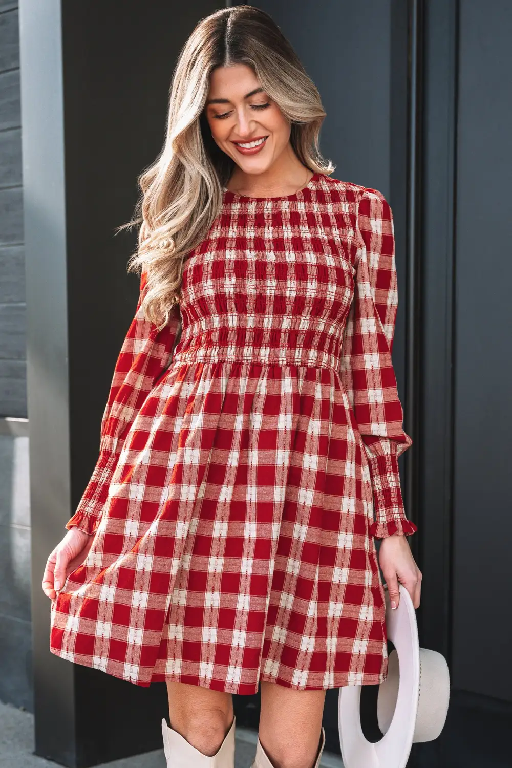 Lightweight Feel Plaid Printed Smocked Mini Dress