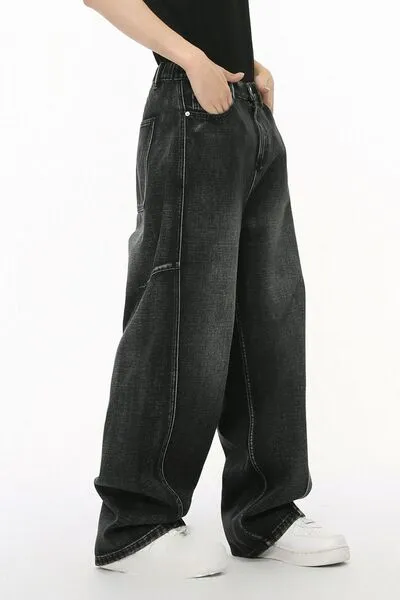 Washed Paneled Stretch Straight Leg Jeans