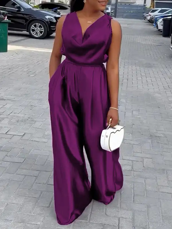 Losse Mouwloze Effen Kleur Diepe V Hals Jumpsuits