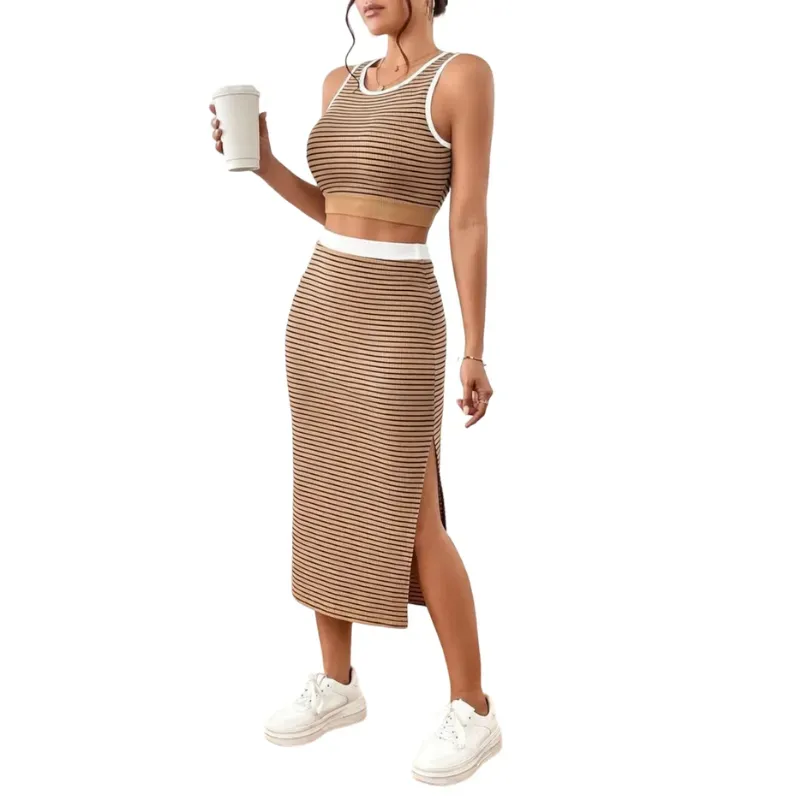 Women's Striped Print Crop Top & Skirt Two-Piece Set