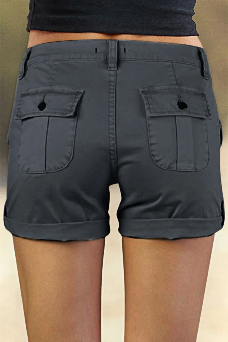 Flap Pocket Roll Tab Hem Mid Waist Shorts