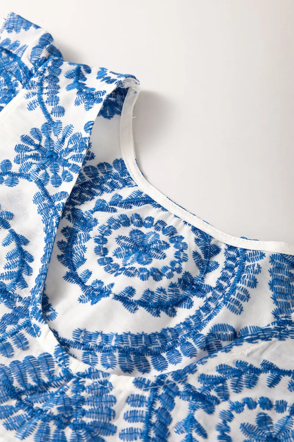 Blue Boho Print Flutter Sleeve Crew Neck Blouse