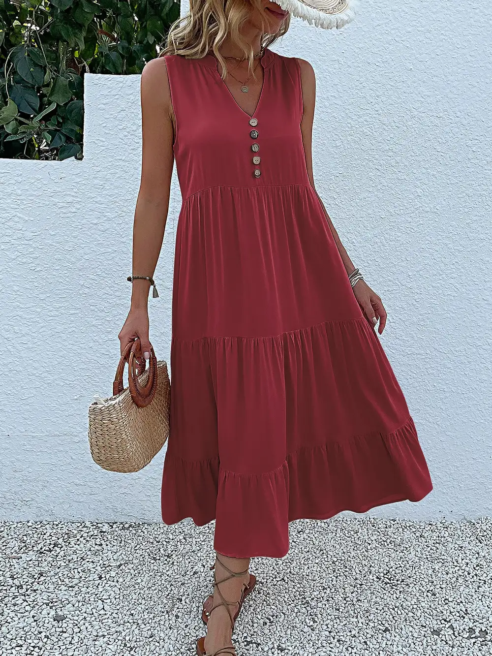 Notch-Neck Buttoned Sleeveless Tiered Midi Dress