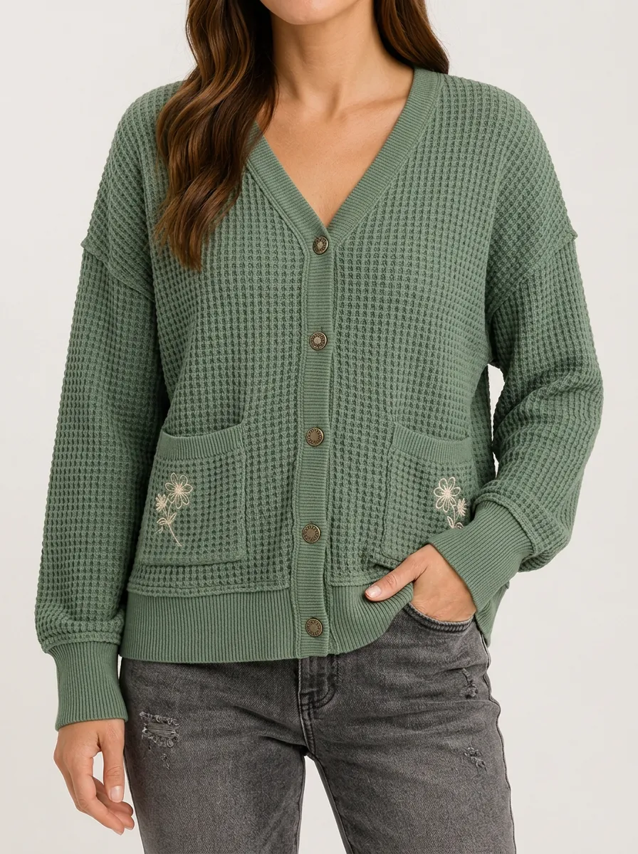 Women's Floral Embroidered Waffle Knit Button Down Cardigan