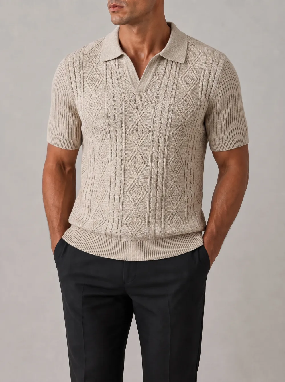 Men's Casual Vintage Diamond Cable Knit Short Sleeve Polo Shirt