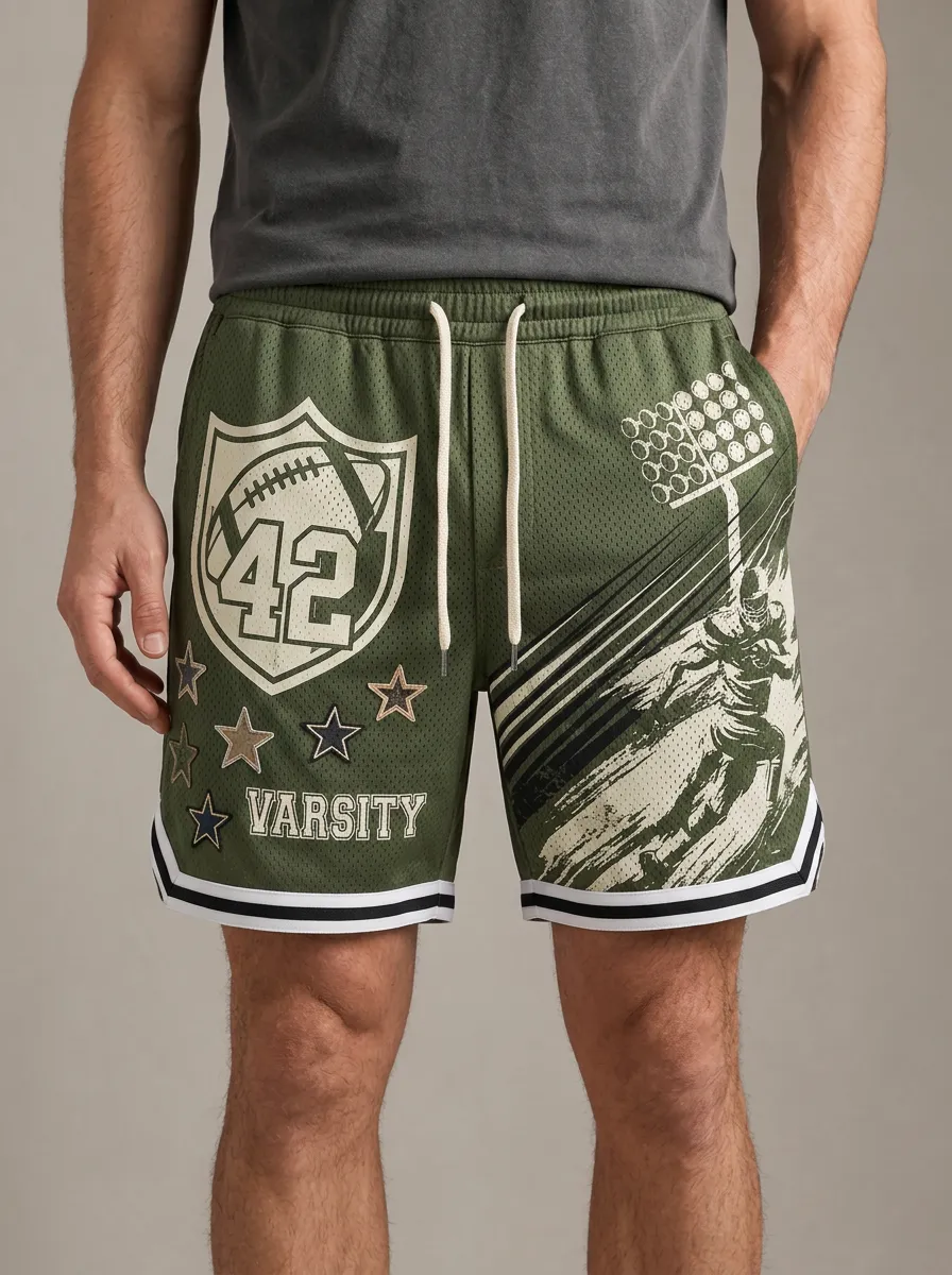 Men's American Football Varsity 42 Stars Printed Mesh Shorts