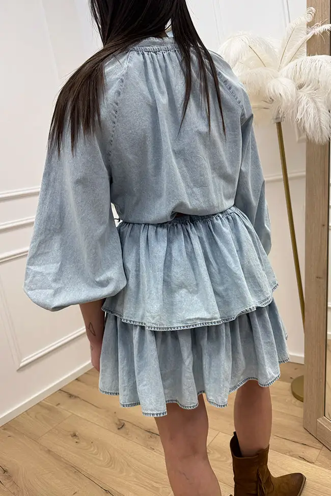 Puff‑Sleeve Tiered Denim Belted Dress