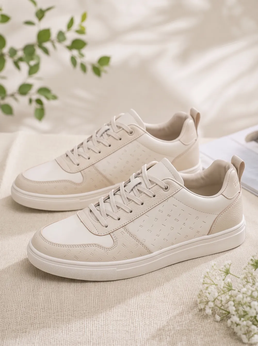 Men's Minimalist Beige Geometric Pattern Printed Sneakers