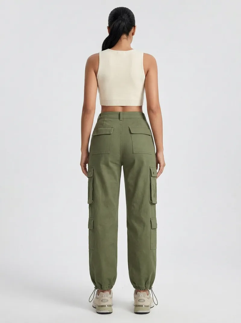 Flexible Embroidered Detail Multi Pocket Style Women's Multi Pocket Cargo Pants