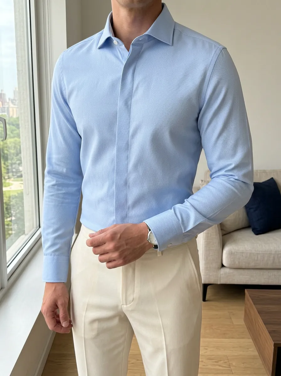 Men's Business Casual Light Blue Textured Slim Fit Dress Shirt