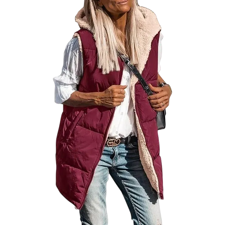Women's military green double-faced fleece vest with pockets and a hood, long zip-up coat