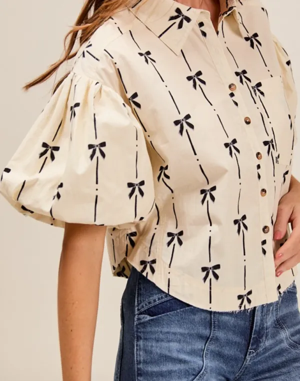 Bow Detail Button Front Puff Top