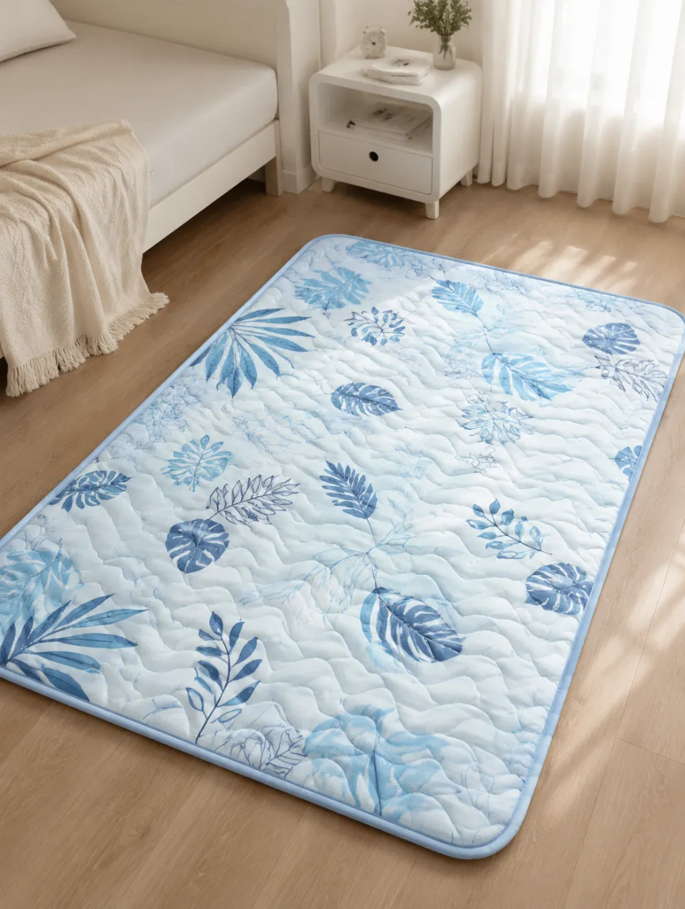 Blue Tropical Leaf Print Cooling Mat
