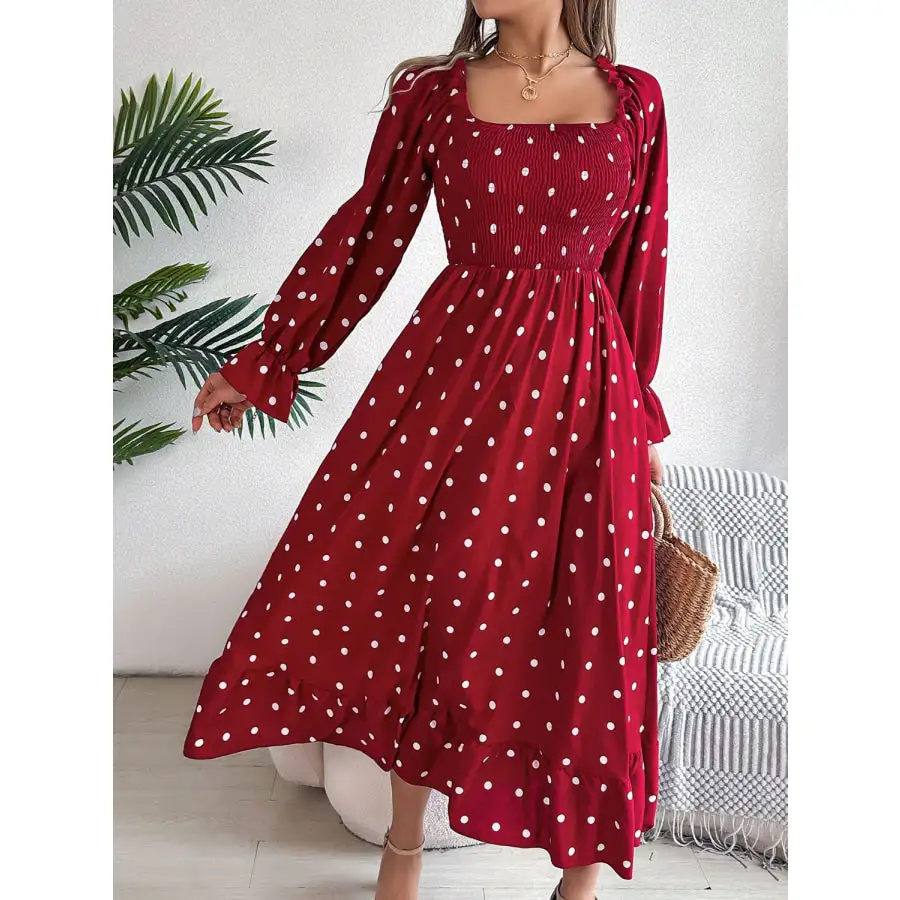 Polka Dot Flounce Sleeve Midi Dress
