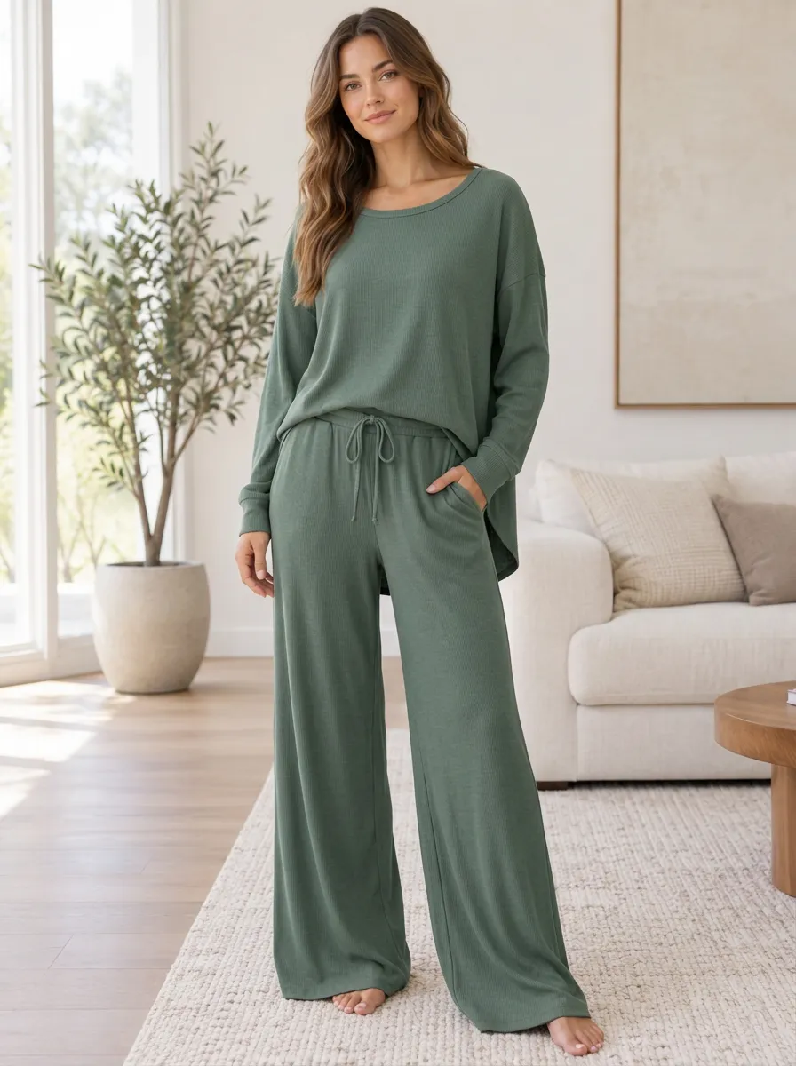 Women's Casual Homewear Ribbed Knit Wide Leg Relaxed Set