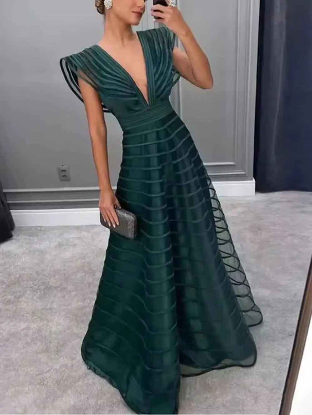 Mesh Panel Deep V Maxi Dress