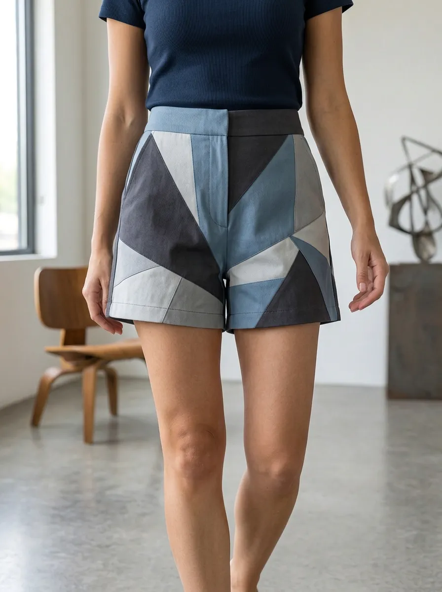 Women's Geometric Pattern Blue Patchwork Printed Shorts