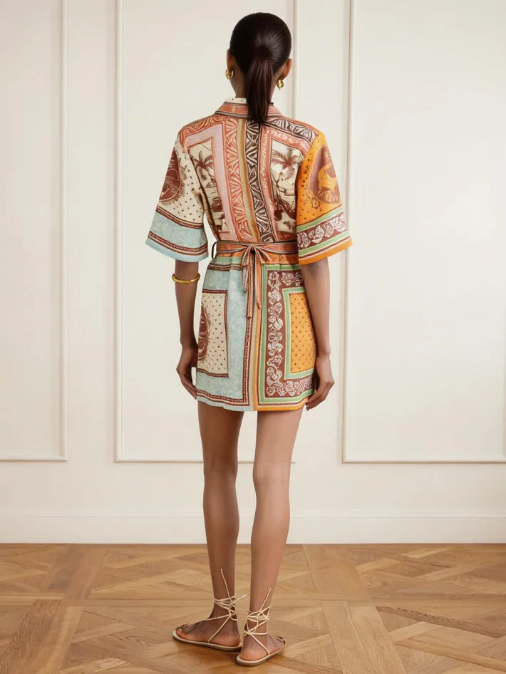 Retro Scarf Print Short Sleeved Mini Dress