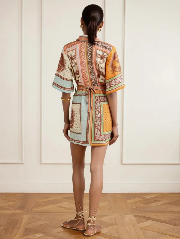 Retro Scarf Print Short Sleeved Mini Dress