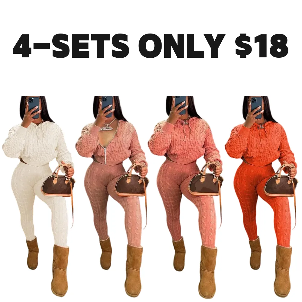 Women's Minimalist Textured Long Sleeve Crop Hooded Sweater& High Waist Skinny Pants Set