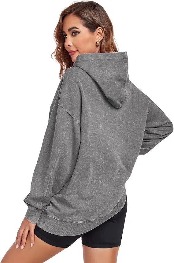Women's Oversized Acid Wash Cotton Hoodie Minimalist Design Loose Fit with Kangaroo Pocket
