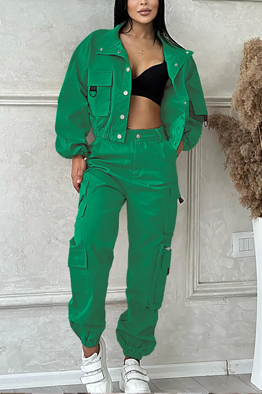 9PACK- Solid Color Pocket Jacket & Pants Two-piece Set