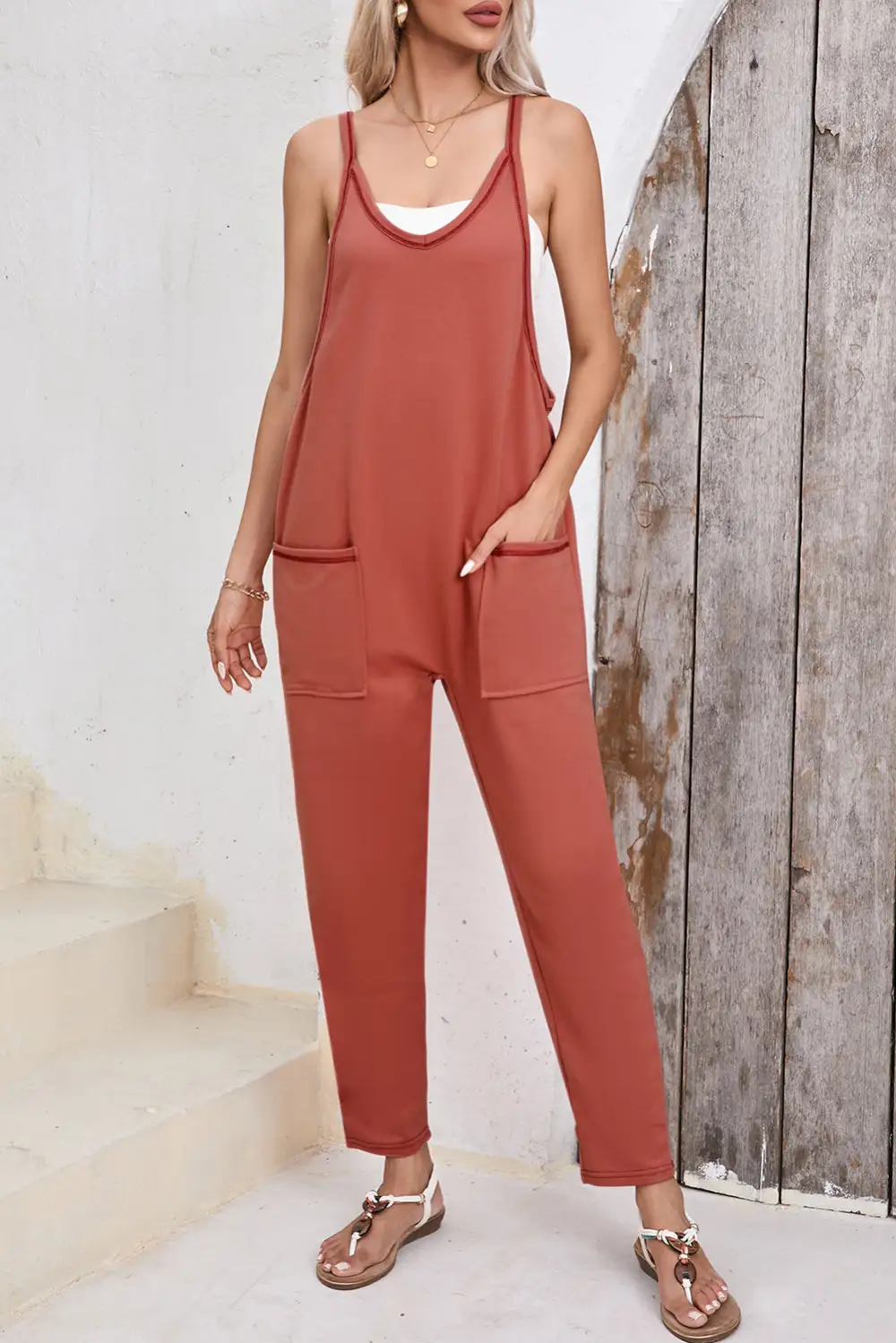 Side Pockets Harem Sleeveless V Neck Pants