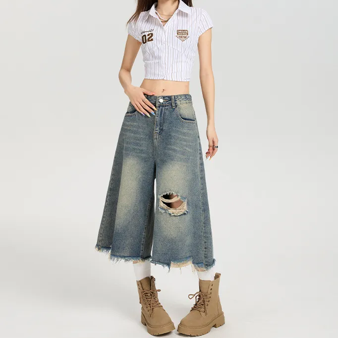 Streetwear High Waist Wide Leg Denim Shorts