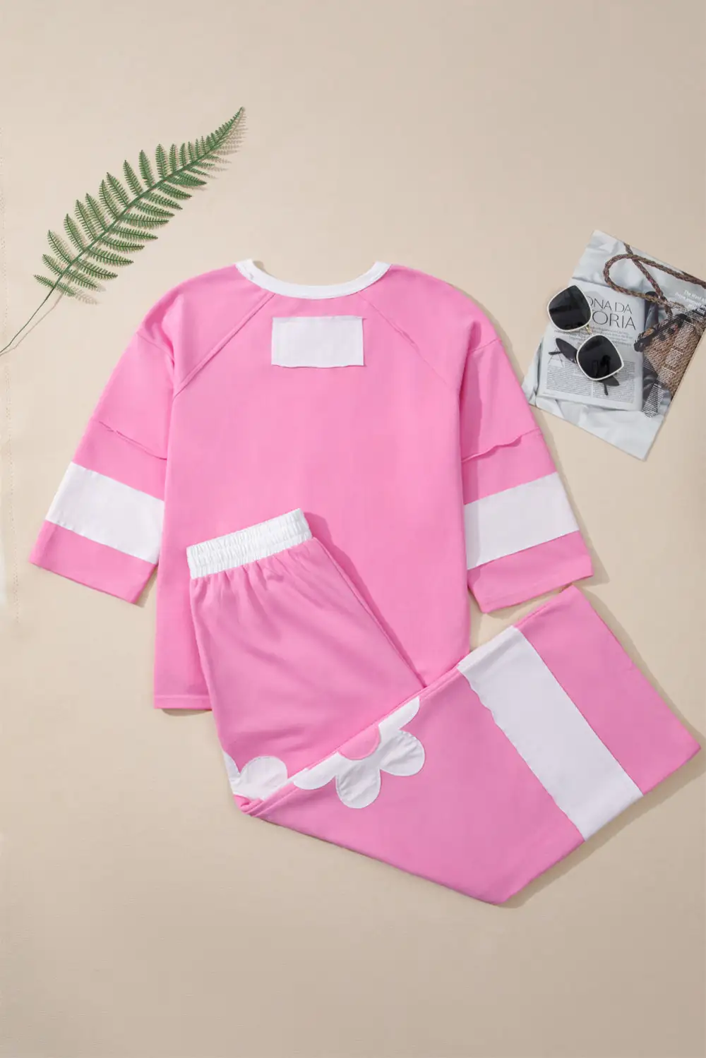 Big Flower Patch Pocket Raw Seam Set Loose Pant Set