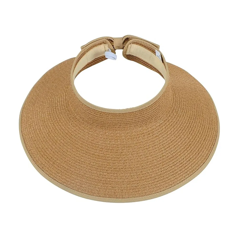 Women's Roll-Up Straw Sun Visor Hat - Wide Brim Open Top Summer Beach Cap with Bowknot, Packable Foldable Straw Hat for UV Protection and Vacation